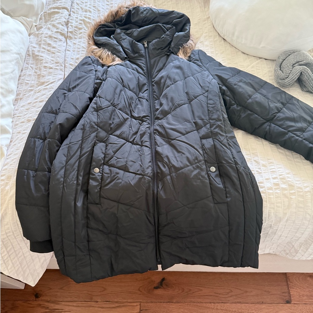 St Johns Bay Puffer Jacket Womens XL Black Button & Zip NWOT